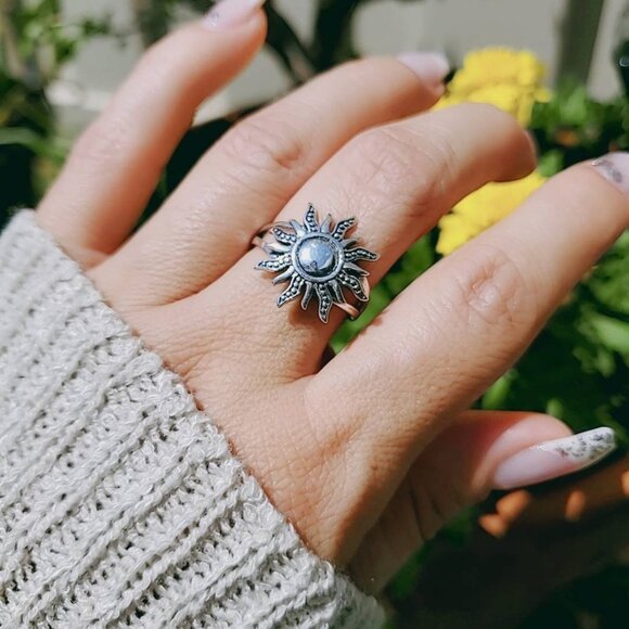 Sterling Silver Sun Ring, Large Sun Ring, 925 Silver, Sunshine Sunset Ring, - Picture 4 of 10
